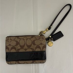 Coach Brown Signature Canvas Wristlet with Brown Leather Trim